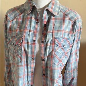 7 For All Mankind Light Blue and Coral Plaid Shirt